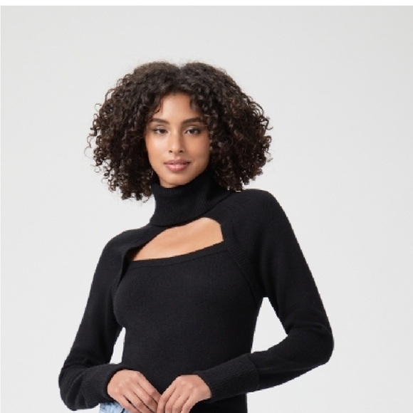 Paige black wool turtleneck with open chest detail. Long sleeve sweater. - Picture 1 of 16